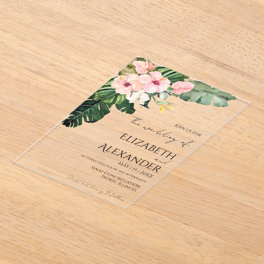 Palm Leaves Hibiscus Tropisch groen Bruiloft Acryl Uitnodigingen (Laagn)