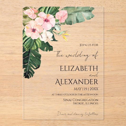 Palm Leaves Hibiscus Tropisch groen Bruiloft Acryl Uitnodigingen (Voorkant)