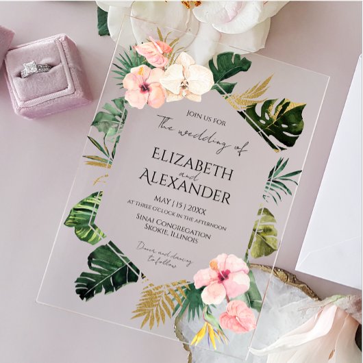 Palm Leaves Hibiscus Tropisch groen Bruiloft Acryl Uitnodigingen