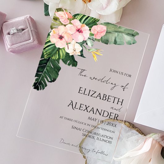 Palm Leaves Hibiscus Tropisch groen Bruiloft Acryl Uitnodigingen