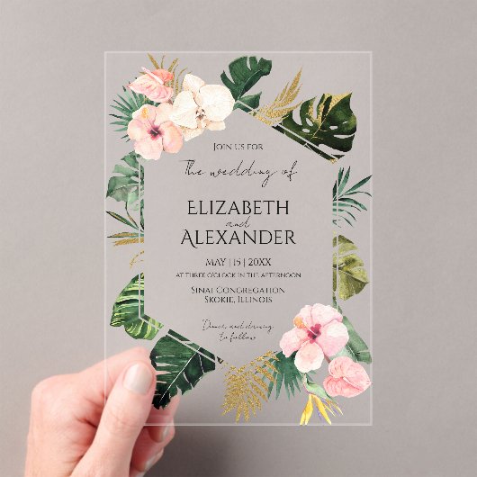 Palm Leaves Hibiscus Tropisch groen Bruiloft Acryl Uitnodigingen (Insitu (Draagbaar))