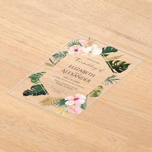 Palm Leaves Hibiscus Tropisch groen Bruiloft Acryl Uitnodigingen (Laagn)