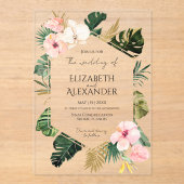 Palm Leaves Hibiscus Tropisch groen Bruiloft Acryl Uitnodigingen (Voorkant)