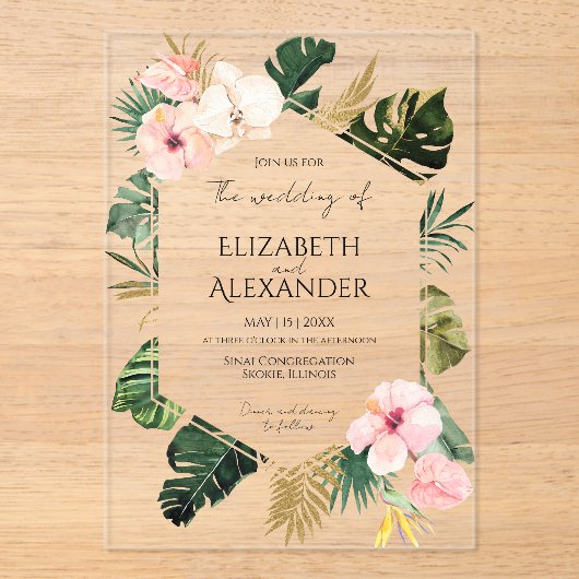 Palm Leaves Hibiscus Tropisch groen Bruiloft Acryl Uitnodigingen (Voorkant)