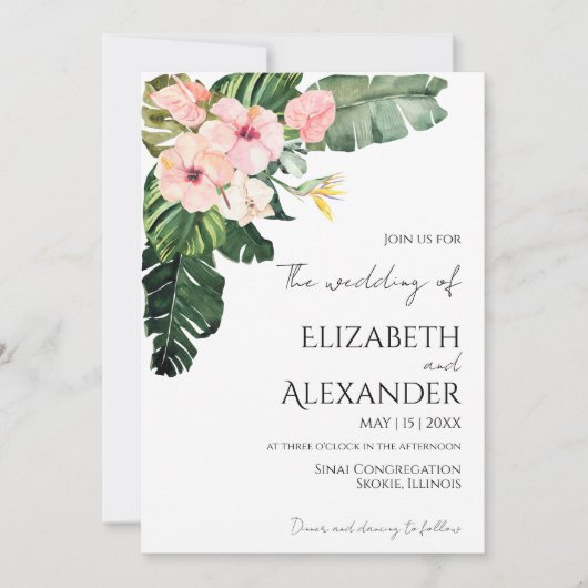 Palm Leaves Hibiscus Tropisch groen Bruiloft Kaart (Voorkant)