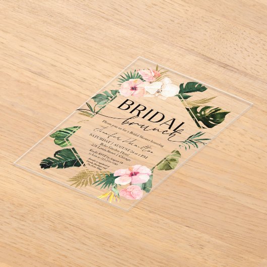 Palm Leaves Hibiscus Tropische Bloemen Bruidsbrunc Acryl Uitnodigingen (Laagn)
