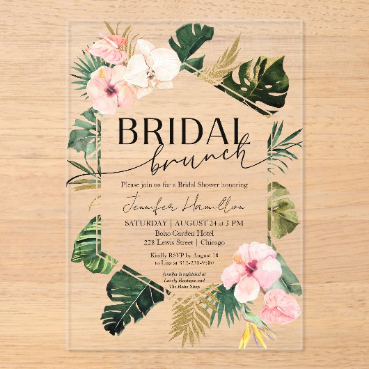 Palm Leaves Hibiscus Tropische Bloemen Bruidsbrunc Acryl Uitnodigingen (Voorkant)