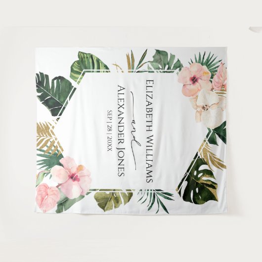 Palm Leaves Hibiscus Tropische bruiloft Achtergron Wandkleed (Voorkant (horizontaal))