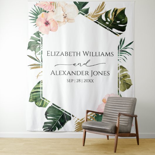 Palm Leaves Hibiscus Tropische bruiloft Achtergron Wandkleed (In situ)