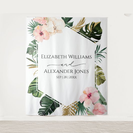 Palm Leaves Hibiscus Tropische bruiloft Achtergron Wandkleed (Voorkant)