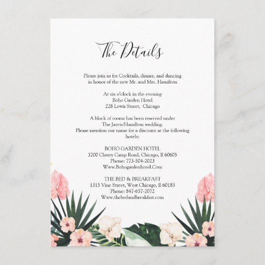 Palm Leaves Hibiscus Tropische bruiloft Details Informatiekaartje (Voorkant)