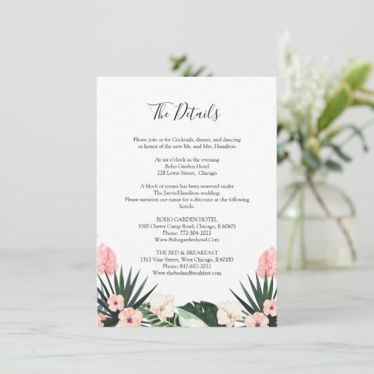 Palm Leaves Hibiscus Tropische bruiloft Details Informatiekaartje (Staand voorkant)