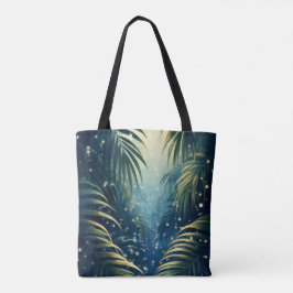 Palm leaves illuminated by moon and fireflies tote bag