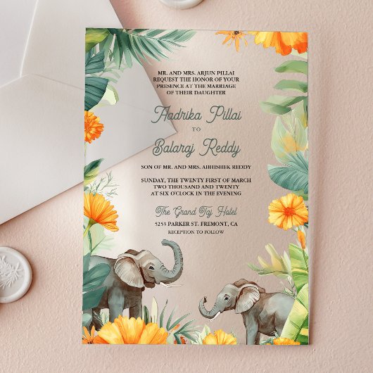 Palm Leaves Marigold Elephant South Indian Wedding Acryl Uitnodigingen