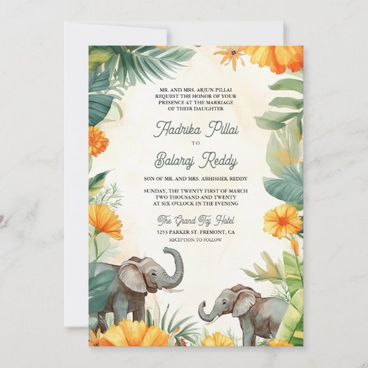 Palm Leaves Marigold Elephant Zuid-Indiase bruilof Kaart (Voorkant)