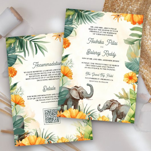 Palm Leaves Marigold Elephant Zuid-Indiase bruilof Kaart