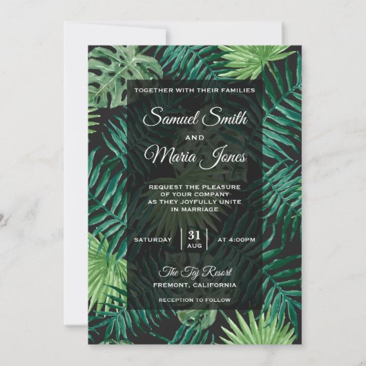 Palm Leaves Modern Tropical Wedding Invitation Kaart (Voorkant)