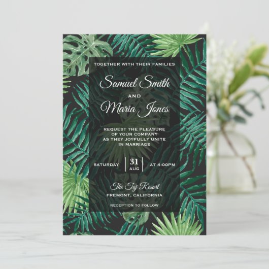 Palm Leaves Modern Tropical Wedding Invitation Kaart (Staand voorkant)