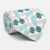 Palm Leaves Pastel Turquoise Pink Donkergroen Stropdas (Opgerold)