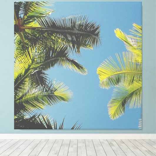 Palm Leaves Photo Tropical Summer Sky Retro Vibe Canvas Afdruk (Insitu (Houten vloer))