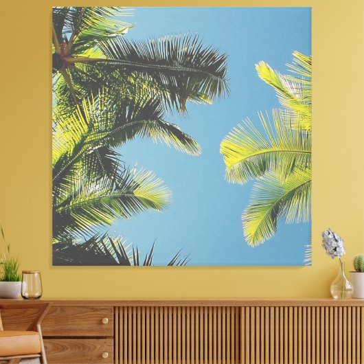 Palm Leaves Photo Tropical Summer Sky Retro Vibe Canvas Afdruk (Insitu (Woonkamer))
