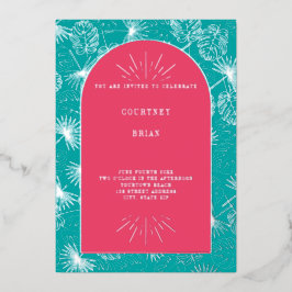 Palm Leaves Pink + Blue Beach Weddenschap Folie Uitnodiging