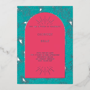 Palm Leaves Pink + Blue Beach Weddenschap Folie Uitnodiging