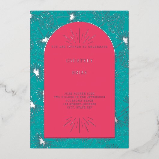 Palm Leaves Pink + Blue Beach Weddenschap Folie Uitnodiging (Voorkant)
