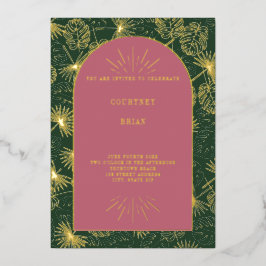 Palm Leaves Pink + Green Beach Wedding Folie Uitnodiging