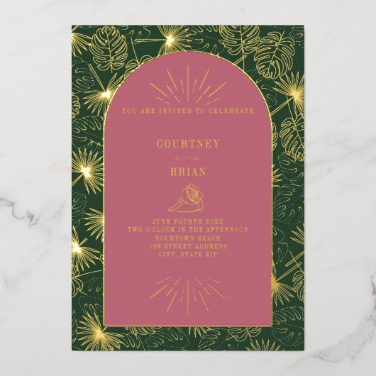 Palm Leaves Pink + Green Beach Wedding Folie Uitnodiging (Voorkant)