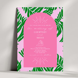 Palm Leaves Pink & Green Seashell Wedding Kaart