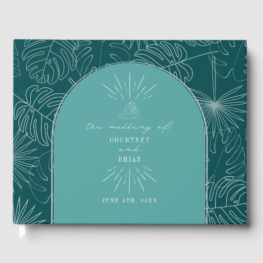 Palm Leaves Seashell Blauwgroen Beach Wedding Gastenboek (Voorkant)