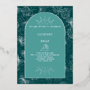 Palm Leaves Seashell Blauwgroen Tropical Beach Wed Folie Uitnodiging