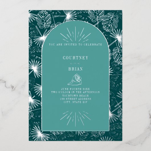 Palm Leaves Seashell Blauwgroen Tropical Beach Wed Folie Uitnodiging (Voorkant)