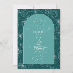 Palm Leaves Seashell Blauwgroen Tropical Wedding Kaart