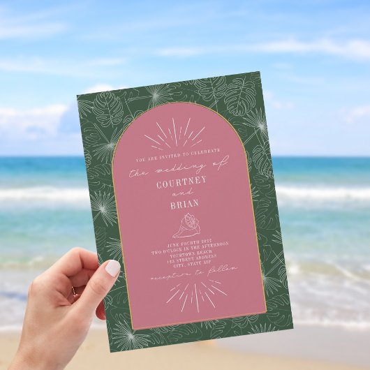 Palm Leaves Seashell Pink Green Tropical Wedding Kaart