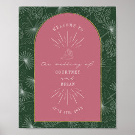 Palm Leaves Seashell Roze Groen Weddenschap Welkom Poster