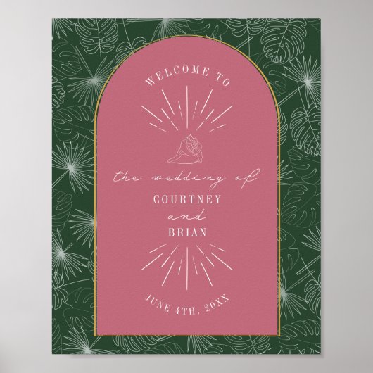 Palm Leaves Seashell Roze Groen Weddenschap Welkom Poster (Voorkant)