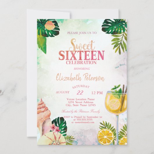 Palm Leaves Seashells Cocktail Summer Sweet 16 Kaart (Voorkant)
