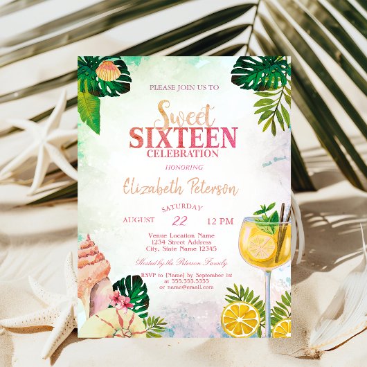 Palm Leaves Seashells Cocktail Summer Sweet 16 Kaart