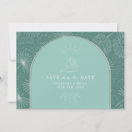 Palm Leaves Tropical Aqua Seashell Foto Save The Date (Voorkant)
