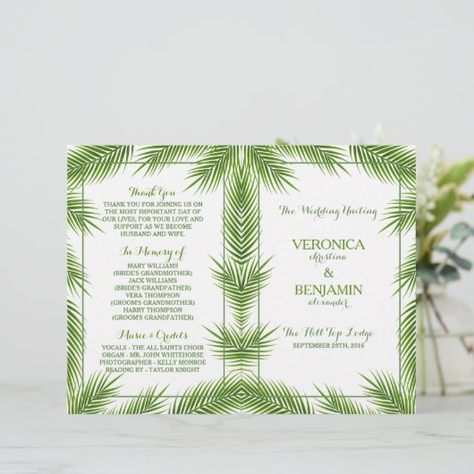 Palm Leaves Tropical Beach Wedding Programme (Staand voorkant)