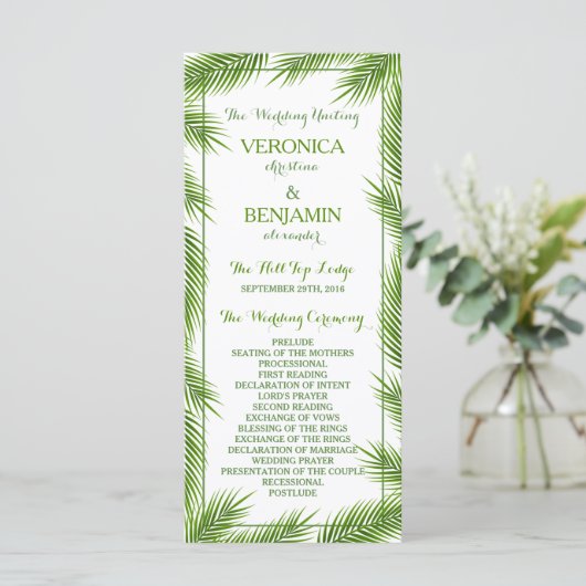 Palm Leaves Tropical Beach Wedding Programme Programmakaart (Staand voorkant)