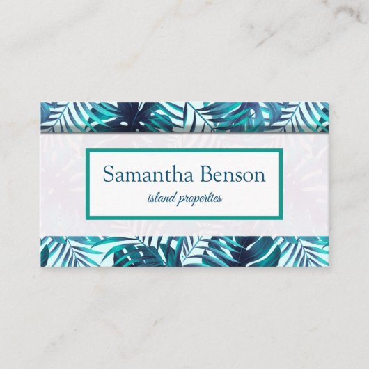 Palm Leaves Tropical Island Green & White Square B Visitekaartje (Voorkant)