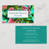 Palm Leaves Tropical Island Green & White Square B Visitekaartje (Voorkant / Achterkant)