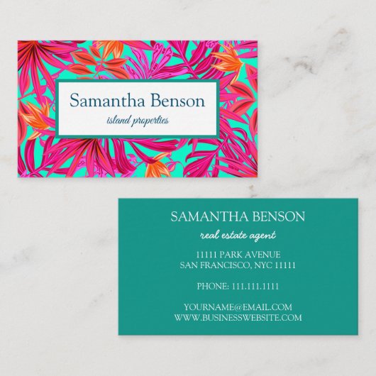 Palm Leaves Tropical Island Green & White Square B Visitekaartje (Voorkant / Achterkant)