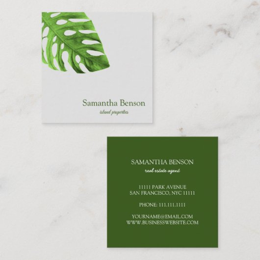 Palm Leaves Tropical Island Green & White Square Vierkante Visitekaartje (Voorkant / Achterkant)