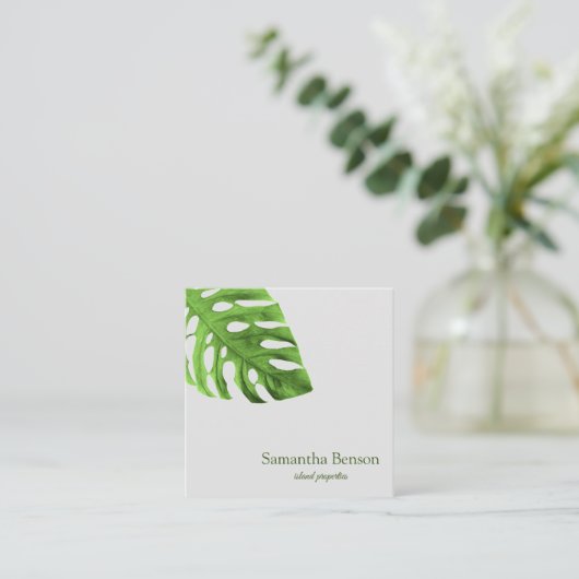 Palm Leaves Tropical Island Green & White Square Vierkante Visitekaartje (Staand voorkant)
