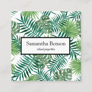 Palm Leaves Tropical Island Green & White Square Vierkante Visitekaartje