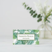 Palm Leaves Tropical Island Green & White Square Visitekaartje (Staand voorkant)
